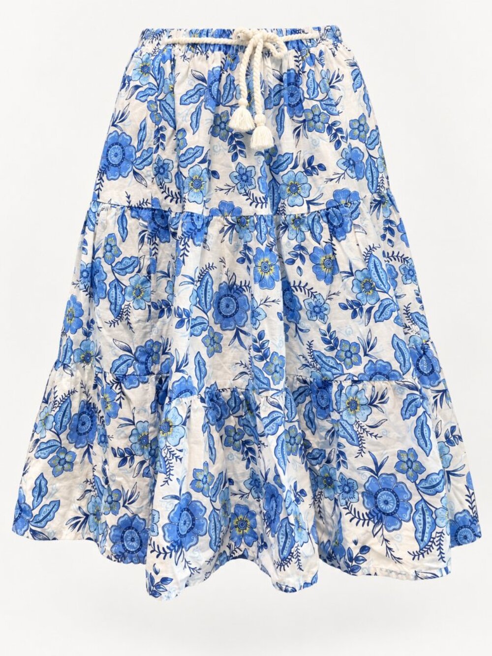 Blue White Floral Tiered Midi Skirt Boho Cottagecore